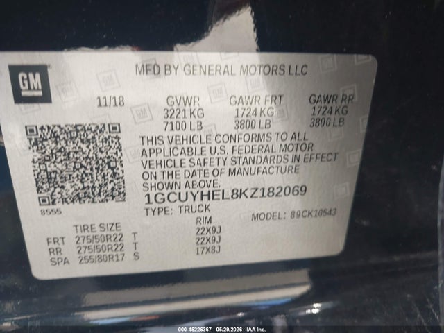Aukcja sprzedaży 2019 Chevrolet Silverado 1500 High Country, vin: 1GCUYHEL8KZ182069, numer aukcji: 45226367