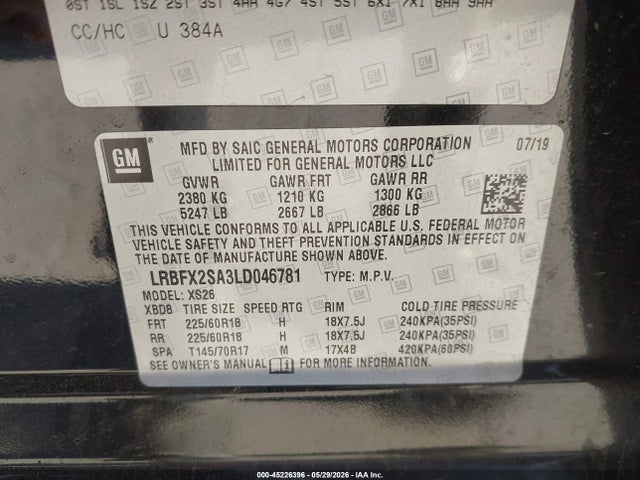 45226396 :رقم المزاد ، LRBFX2SA3LD046781 vin ، 2020 Buick Envision Awd Essence مزاد بيع