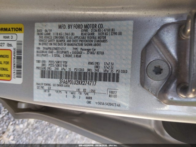 Aukcja sprzedaży 2019 Ford Fusion Hybrid Se, vin: 3FA6P0LU2KR274717, numer aukcji: 45226399