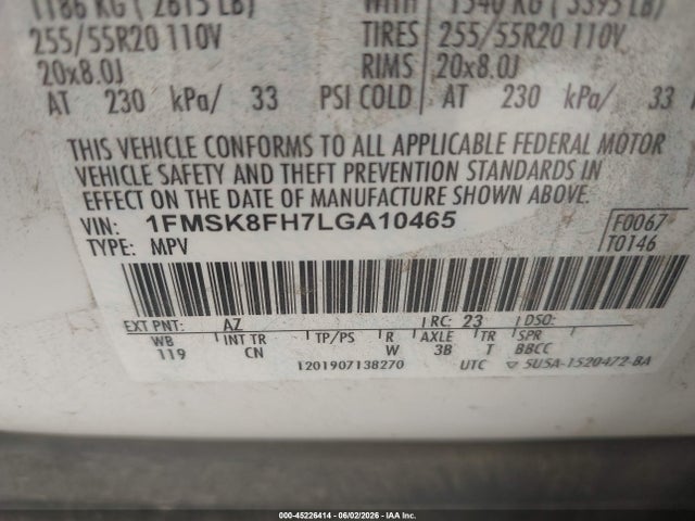 Aukcja sprzedaży 2020 Ford Explorer Limited, vin: 1FMSK8FH7LGA10465, numer aukcji: 45226414