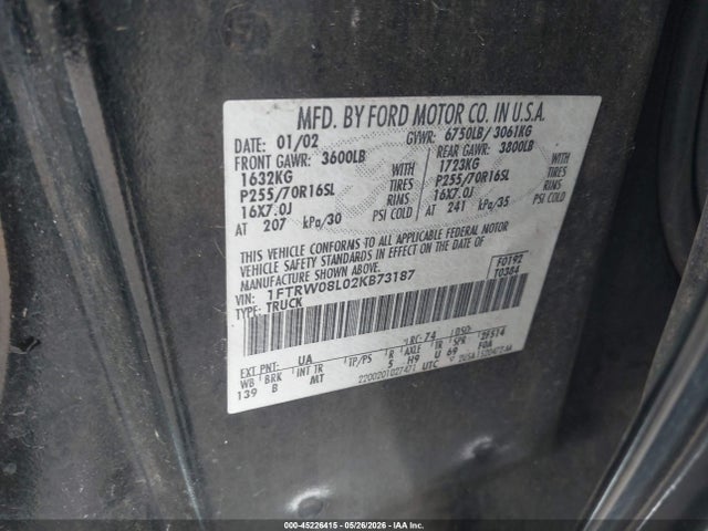 Продаж на аукціоні авто 2002 Ford F-150 Lariat/xlt, vin: 1FTRW08L02KB73187, номер лоту: 45226415