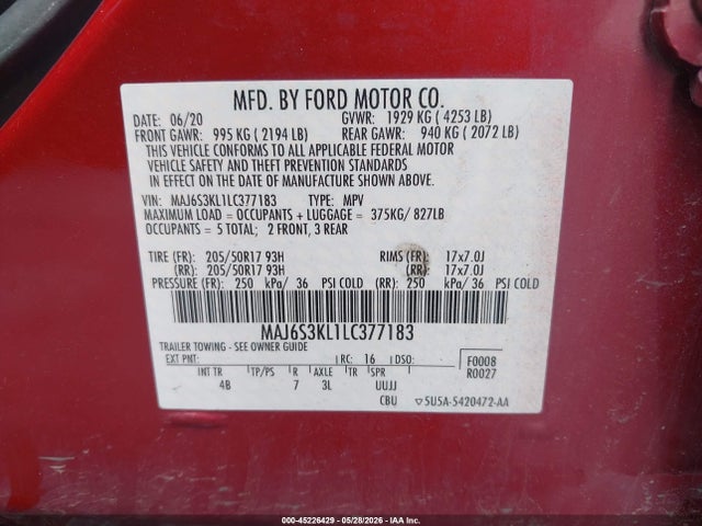 Aukcja sprzedaży 2020 Ford Ecosport Titanium, vin: MAJ6S3KL1LC377183, numer aukcji: 45226429