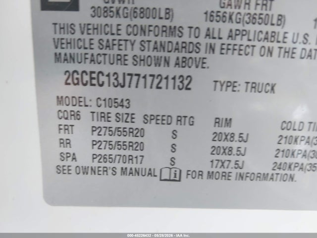 Продажа на аукционе авто 2007 Chevrolet Silverado 1500 Lt1, vin: 2GCEC13J771721132, номер лота: 45226432