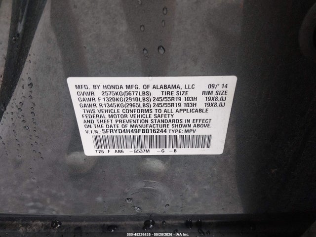 45226435 :رقم المزاد ، 5FRYD4H49FB016244 vin ، 2015 Acura Mdx Technology Package مزاد بيع