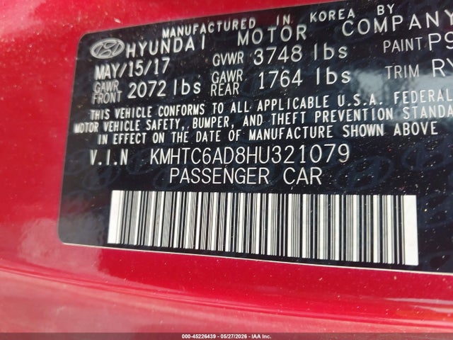 45226439 :رقم المزاد ، KMHTC6AD8HU321079 vin ، 2017 Hyundai Veloster Value Edition مزاد بيع