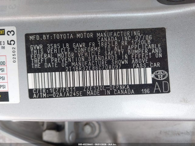 Продаж на аукціоні авто 2006 Toyota Corolla Le, vin: 2T1BR32E86C708097, номер лоту: 45226441