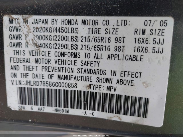 Aukcja sprzedaży 2006 Honda Cr-v Lx, vin: JHLRD78586C000858, numer aukcji: 45226442