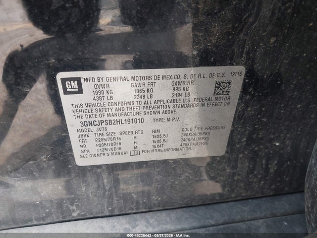 Продаж на аукціоні авто 2017 Chevrolet Trax Lt, vin: 3GNCJPSB2HL191010, номер лоту: 45226443