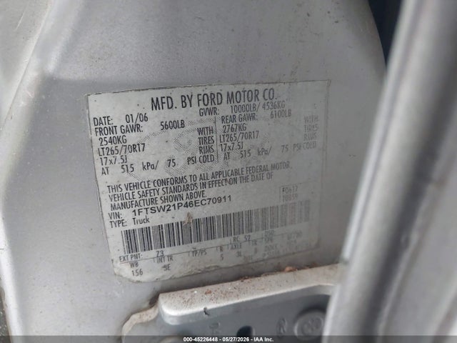 45226448 :رقم المزاد ، 1FTSW21P46EC70911 vin ، 2006 Ford F-250 Lariat/xl/xlt مزاد بيع