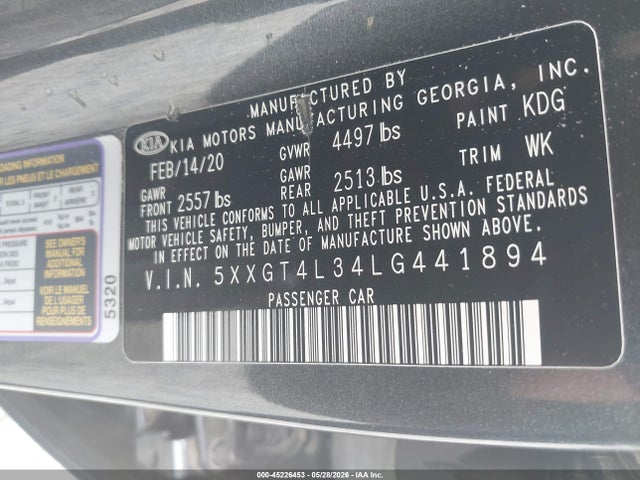 45226453 :رقم المزاد ، 5XXGT4L34LG441894 vin ، 2020 Kia Optima Se مزاد بيع