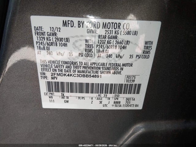 45226471 :رقم المزاد ، 2FMDK4KC3DBB54891 vin ، 2013 Ford Edge Limited مزاد بيع