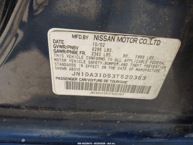 2003 Nissan Maxima Se მანქანა იყიდება აუქციონზე, vin: JN1DA31D53T520363, აუქციონის ნომერი: 45226475