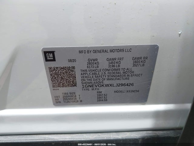 Продаж на аукціоні авто 2020 Chevrolet Traverse Awd Lt Cloth, vin: 1GNEVGKWXLJ296426, номер лоту: 45226491