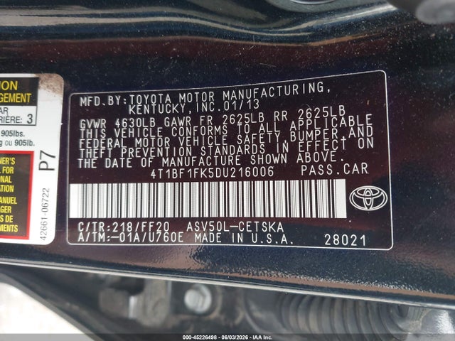 Aukcja sprzedaży 2013 Toyota Camry Se, vin: 4T1BF1FK5DU216006, numer aukcji: 45226498