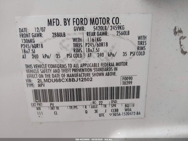 45226505 :رقم المزاد ، 2LMDU68CX8BJ12502 vin ، 2008 Lincoln Mkx مزاد بيع