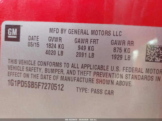 45226535 :رقم المزاد ، 1G1PD5SB5F7270512 vin ، 2015 Chevrolet Cruze 1lt Manual مزاد بيع