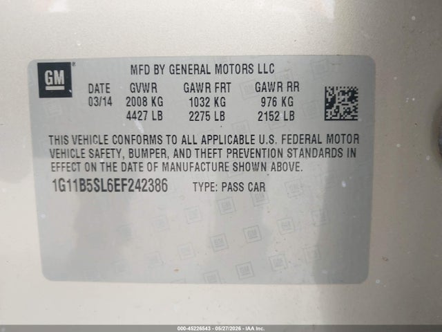 Aukcja sprzedaży 2014 Chevrolet Malibu 1ls, vin: 1G11B5SL6EF242386, numer aukcji: 45226543