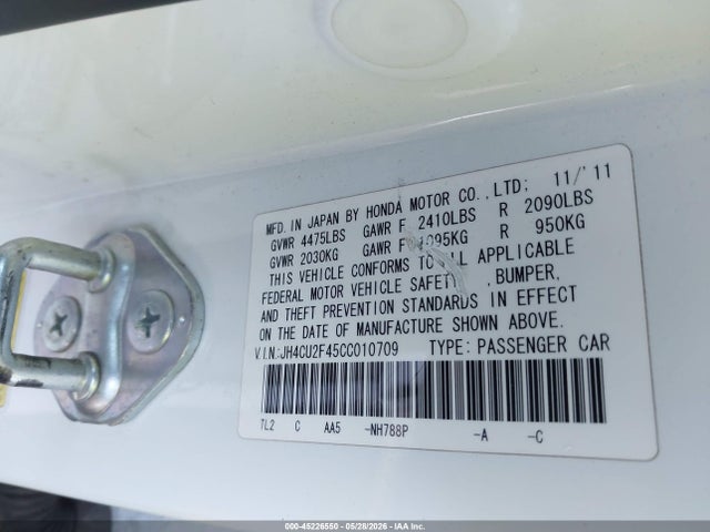 45226550 :رقم المزاد ، JH4CU2F45CC010709 vin ، 2012 Acura Tsx 2.4 مزاد بيع