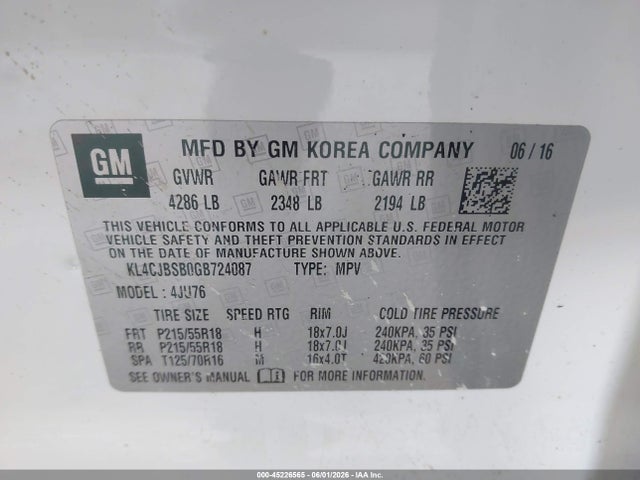 Продаж на аукціоні авто 2016 Buick Encore Convenience, vin: KL4CJBSB0GB724087, номер лоту: 45226565