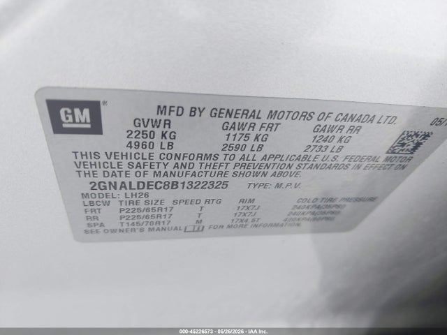 Aukcja sprzedaży 2011 Chevrolet Equinox 1lt, vin: 2GNALDEC8B1322325, numer aukcji: 45226573
