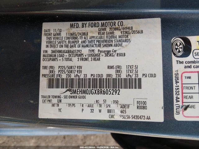 Aukcja sprzedaży 2011 Mercury Milan Premier, vin: 3MEHM0JGXBR605292, numer aukcji: 45226584