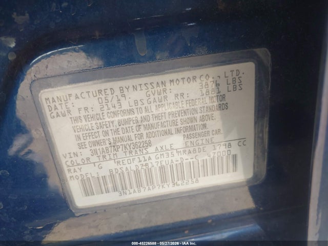 2019 Nissan Sentra Sv მანქანა იყიდება აუქციონზე, vin: 3N1AB7AP7KY362258, აუქციონის ნომერი: 45226588