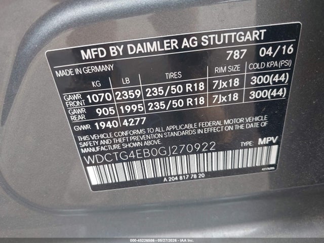 45226586 :رقم المزاد ، WDCTG4EB0GJ270922 vin ، 2016 Mercedes-benz Gla 250 مزاد بيع
