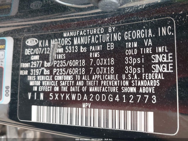 2013 Kia Sorento Sx V6 მანქანა იყიდება აუქციონზე, vin: 5XYKWDA20DG412773, აუქციონის ნომერი: 45226603