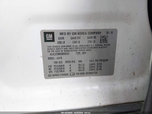 45226609 :رقم المزاد ، KL4CJCSB0GB696331 vin ، 2016 Buick Encore Leather مزاد بيع