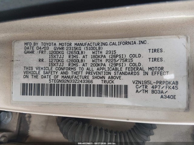 2003 Toyota Tacoma Prerunner V6 მანქანა იყიდება აუქციონზე, vin: 5TEGN92N33Z243366, აუქციონის ნომერი: 45226623
