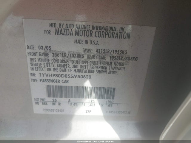 Aukcja sprzedaży 2005 Mazda Mazda6 S Sport, vin: 1YVHP80D855M50628, numer aukcji: 45226642