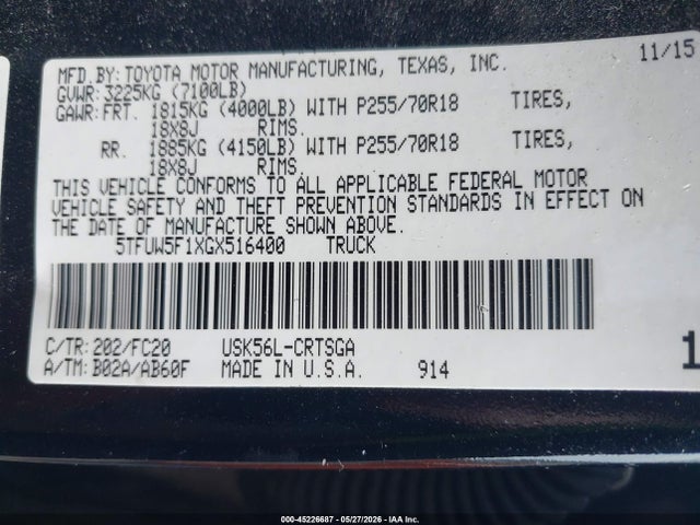 Aukcja sprzedaży 2016 Toyota Tundra Sr5 5.7l V8, vin: 5TFUW5F1XGX516400, numer aukcji: 45226687
