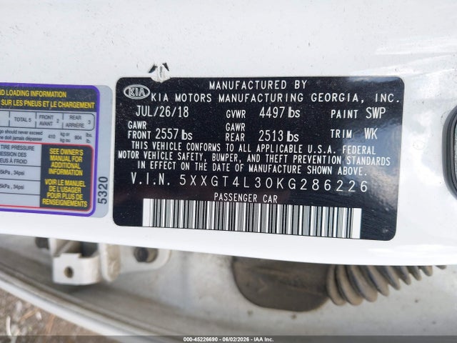 2019 Kia Optima S მანქანა იყიდება აუქციონზე, vin: 5XXGT4L30KG286226, აუქციონის ნომერი: 45226690