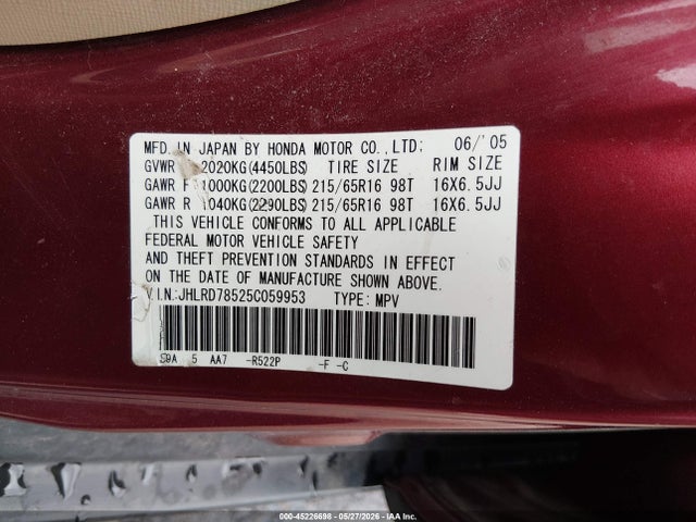 Aukcja sprzedaży 2005 Honda Cr-v Lx, vin: JHLRD78525C059953, numer aukcji: 45226698