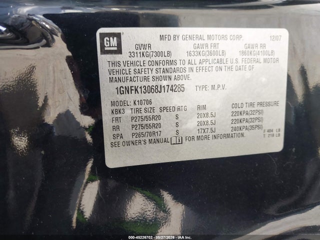 Продаж на аукціоні авто 2008 Chevrolet Tahoe Ltz, vin: 1GNFK13068J174285, номер лоту: 45226702
