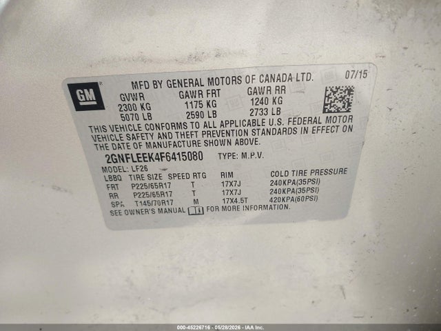 Aukcja sprzedaży 2015 Chevrolet Equinox Ls, vin: 2GNFLEEK4F6415080, numer aukcji: 45226716