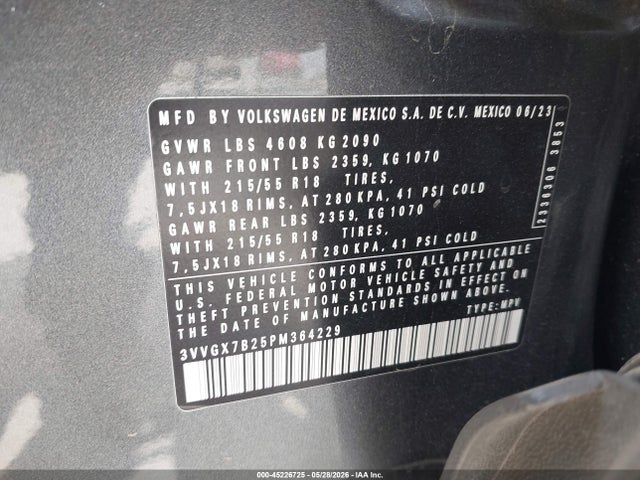 2023 Volkswagen Taos 1.5t S მანქანა იყიდება აუქციონზე, vin: 3VVGX7B25PM364229, აუქციონის ნომერი: 45226725