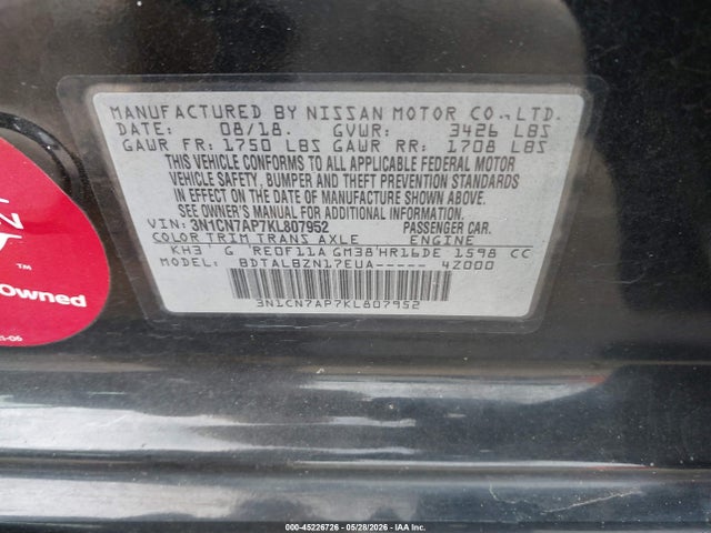 Aukcja sprzedaży 2019 Nissan Versa 1.6 Sv, vin: 3N1CN7AP7KL807952, numer aukcji: 45226726