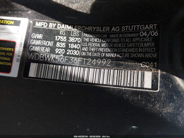 Aukcja sprzedaży 2006 Mercedes-benz Slk 350, vin: WDBWK56F36F124992, numer aukcji: 45226748