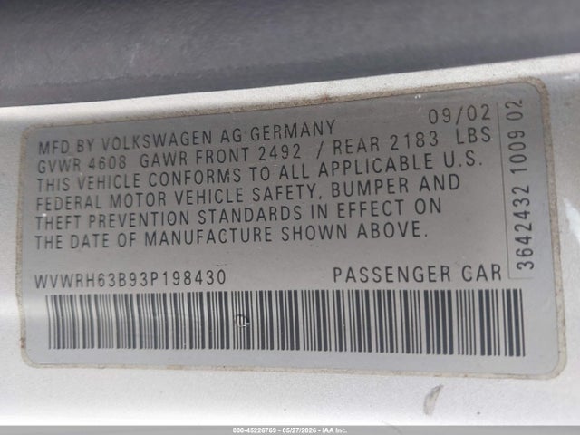 45226769 :رقم المزاد ، WVWRH63B93P198430 vin ، 2003 Volkswagen Passat Glx مزاد بيع