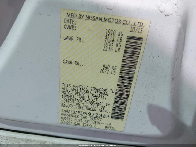 Продажа на аукционе авто 2015 Nissan Altima 2.5 Sl, vin: 1N4AL3AP1FN922982, номер лота: 45226773