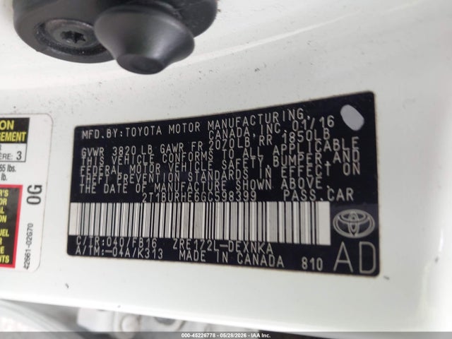 Aukcja sprzedaży 2016 Toyota Corolla Le, vin: 2T1BURHE6GC598399, numer aukcji: 45226778