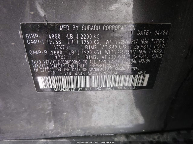 45226786 :رقم المزاد ، 4S4BTAAC9R3281804 vin ، 2024 Subaru Outback مزاد بيع