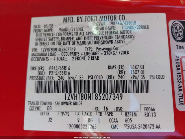 45226804 :رقم المزاد ، 1ZVHT80N185207349 vin ، 2008 Ford Mustang مزاد بيع