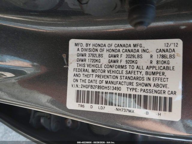 Продажа на аукционе авто 2013 Honda Civic Ex, vin: 2HGFB2F89DH513490, номер лота: 45226808