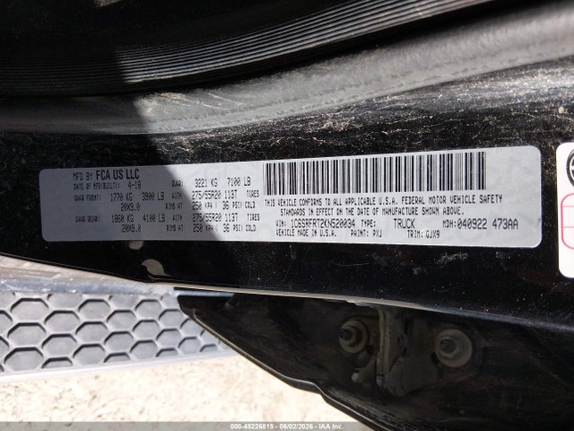 45226815 :رقم المزاد ، 1C6SRFRT2KN520034 vin ، 2019 Ram 1500 Laramie  4x4 6'4 Box مزاد بيع