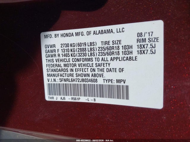 Honda Odyssey Ex-l 2018 5FNRL6H72JB034608 Image 9