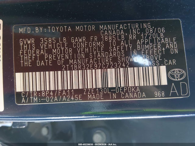 Продаж на аукціоні авто 2007 Toyota Corolla Ce, vin: 2T1BR32E97C723242, номер лоту: 45226838