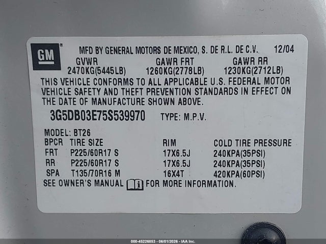 Aukcja sprzedaży 2005 Buick Rendezvous Cx, vin: 3G5DB03E75S539970, numer aukcji: 45226853