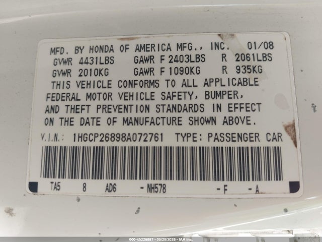 45226887 :رقم المزاد ، 1HGCP26898A072761 vin ، 2008 Honda Accord 2.4 Ex-l مزاد بيع